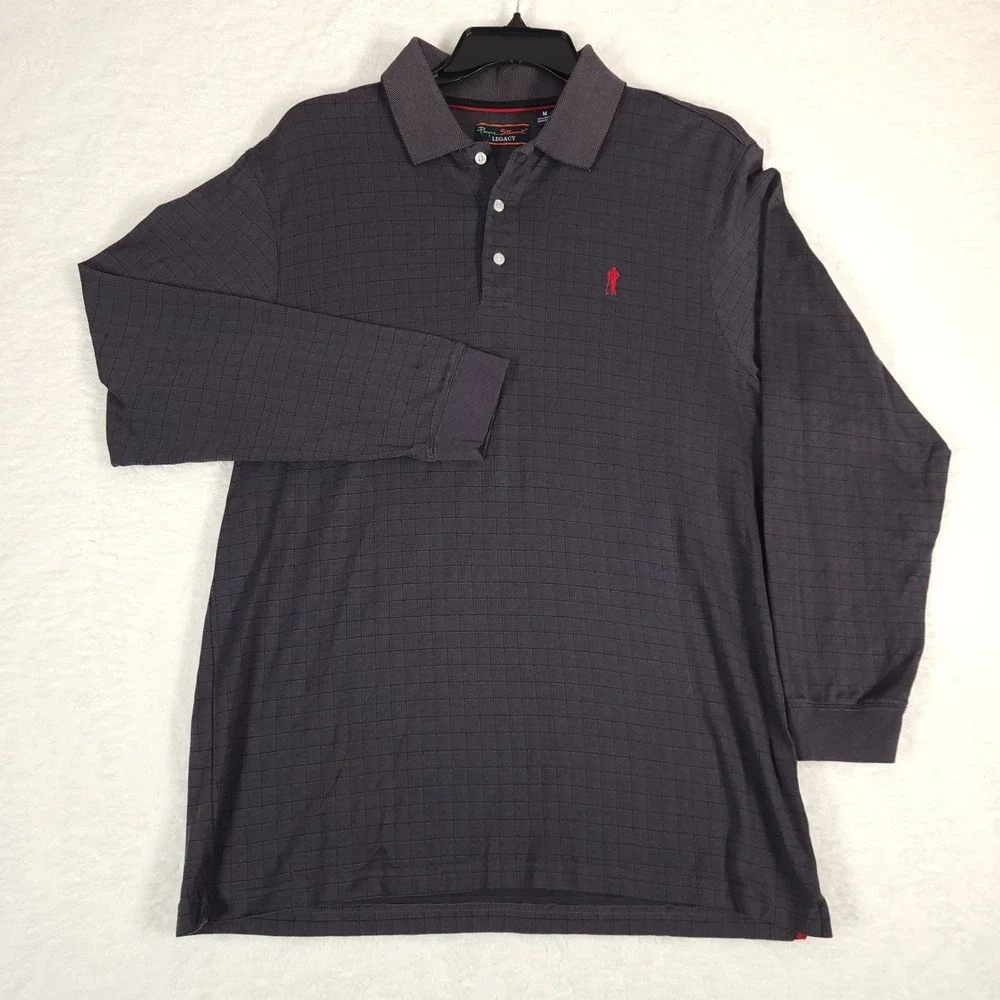 Payne Stewart Polo Shirt Mens Medium Dark Gray Legacy Grid Check Long Sleeve - Picture 2 of 9